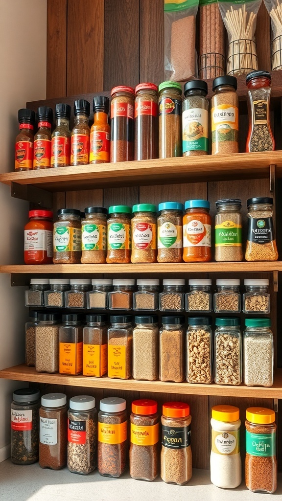 A neatly arranged seasoning shelf with jars of spices and herbs in various containers.